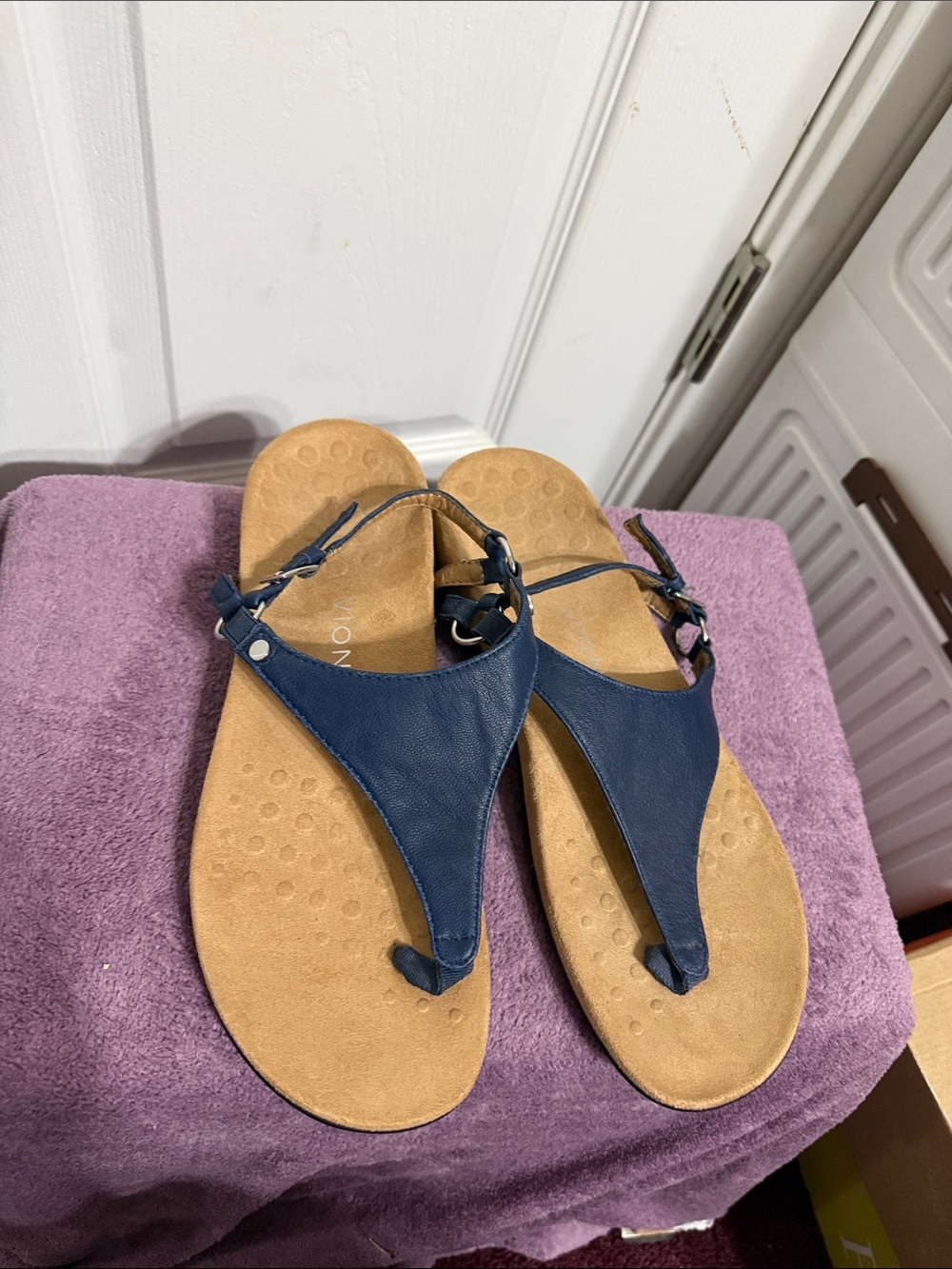 Vionic Navy Blue Thong Sandals with Tan Footbed